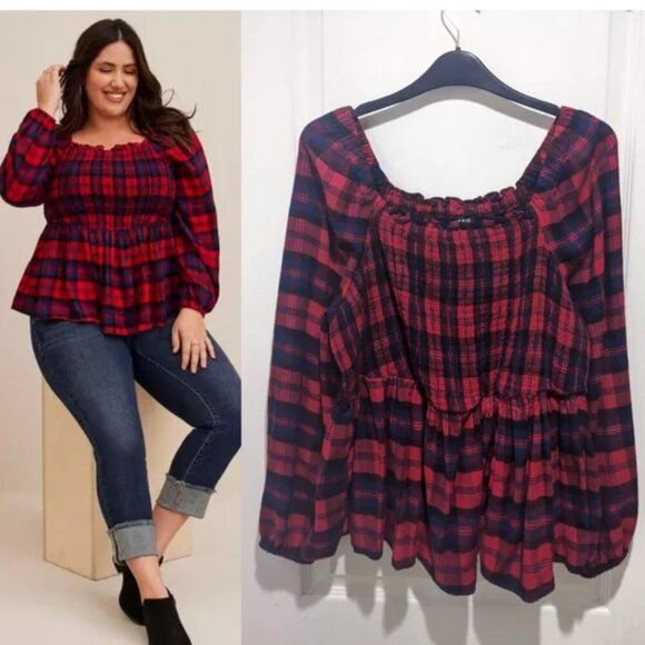 Torrid | Brushed Rayon Acrylic Smocked Top In Kelsey Plaid - Picture 1 of 11